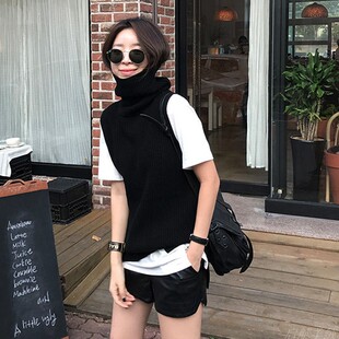 秋冬新款宽松高翻领羊绒线马甲背心女套头针织前短后长毛衣坎肩