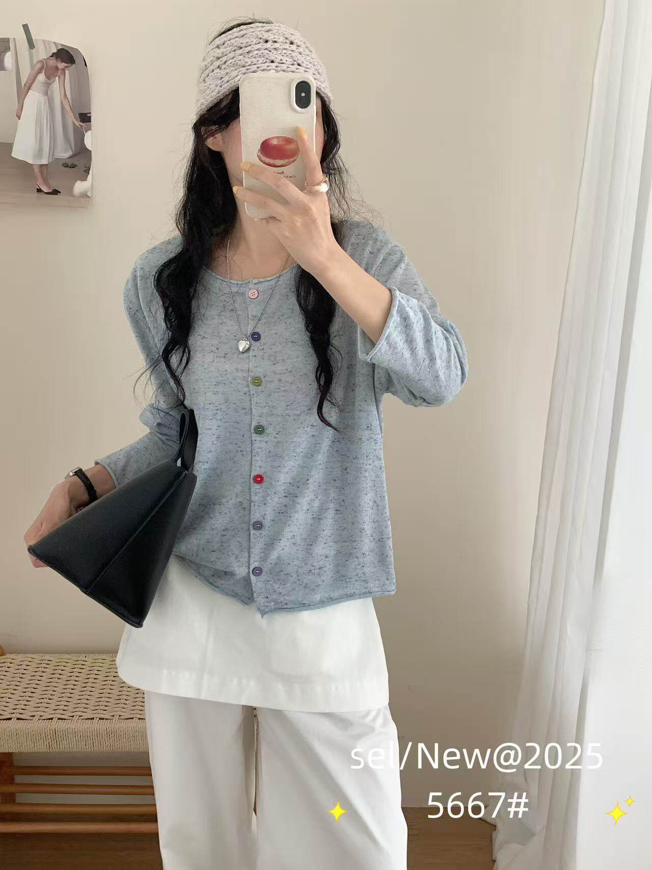 26春秋冬彩点羊毛开衫圆领针织毛衣七彩扣外套宽松打底衫上衣女