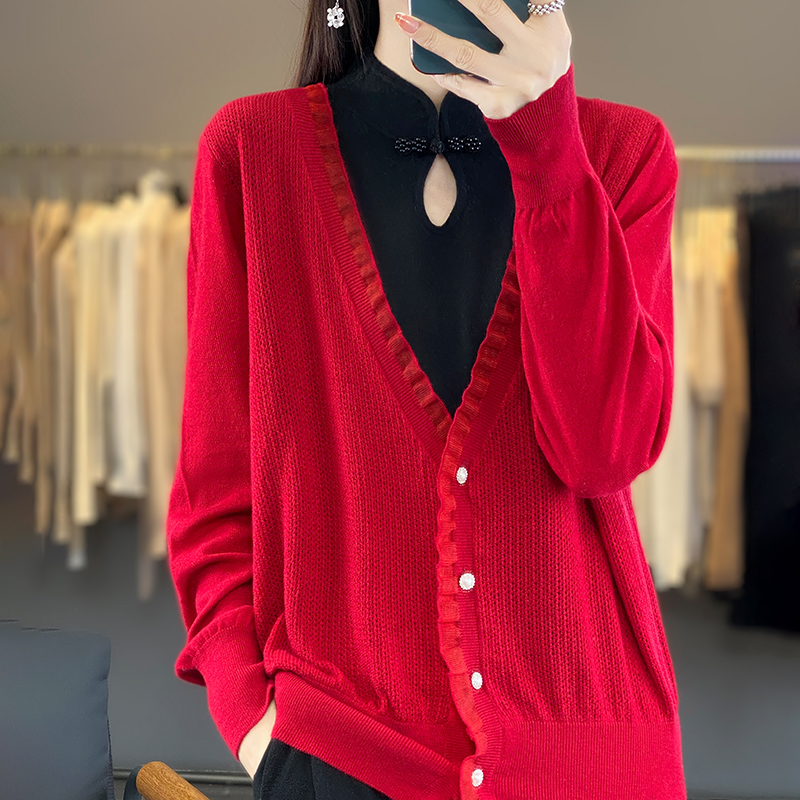 25春秋冬新款蕾丝羊毛开衫女旗袍领中式国风假两件针织外套上衣