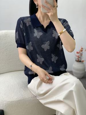 2025夏新款翻领蝴蝶提花短袖针织衫T恤女宽松显瘦百搭气质上衣潮