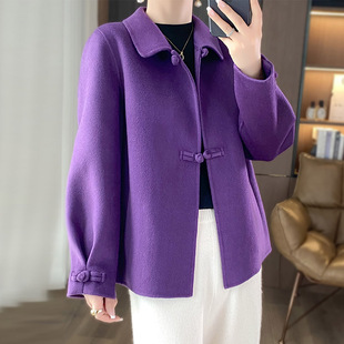 秋冬新款娃娃领双面羊绒大衣女短款盘扣宽松加厚100%纯羊毛呢外套