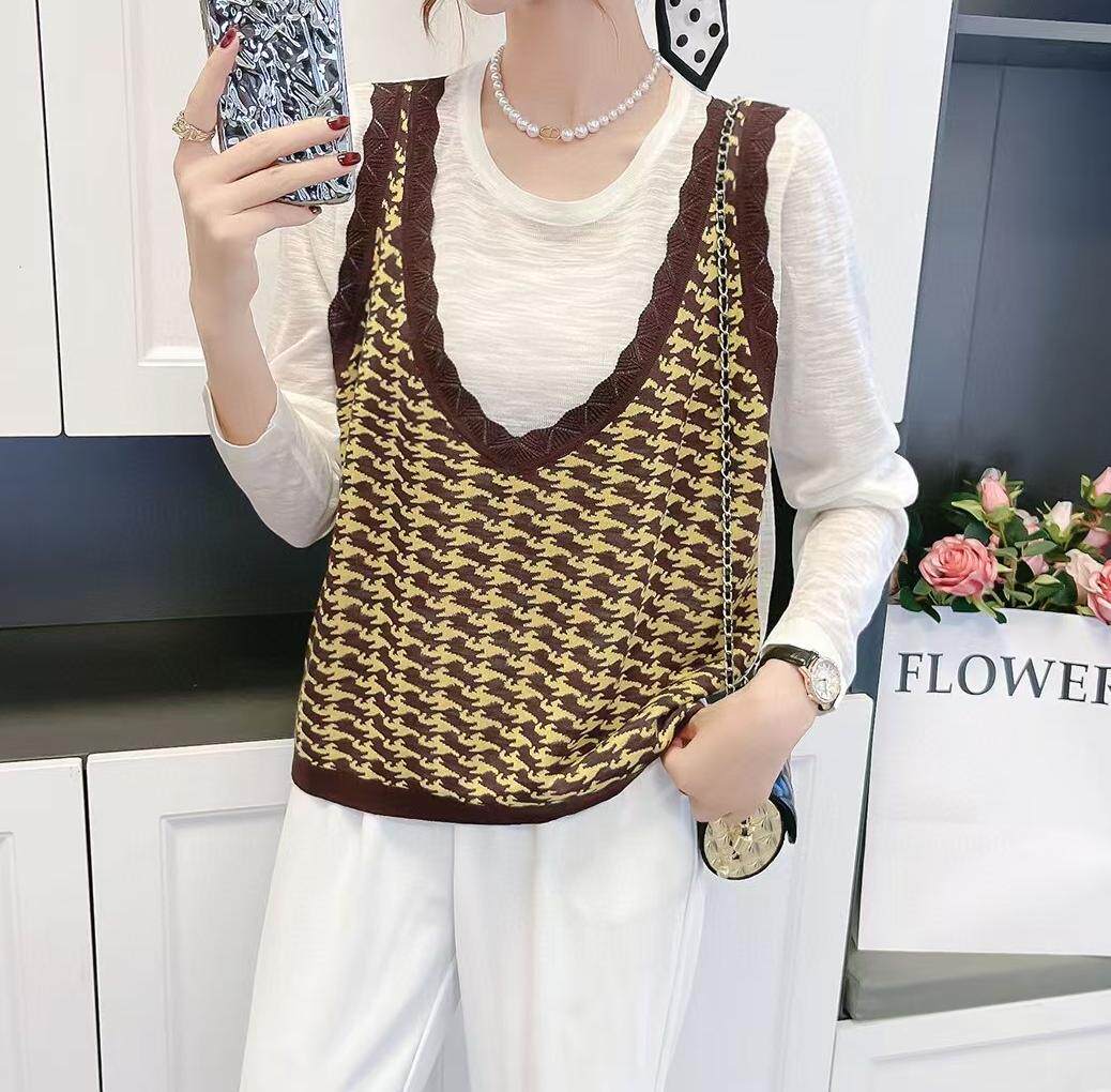 2025春秋冬新圆领套头毛衣女加厚针织麻花羊绒衫竹节棉假两件上衣