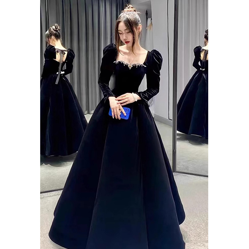黑色晚礼服女高级感长袖丝绒敬酒服长款法式主持人年会赫本风礼服