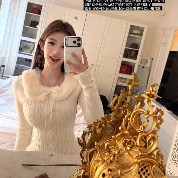 JMSHOP 芬兰童话 U领麻花长袖上衣女设计感秋冬毛衣/獭兔毛毛领