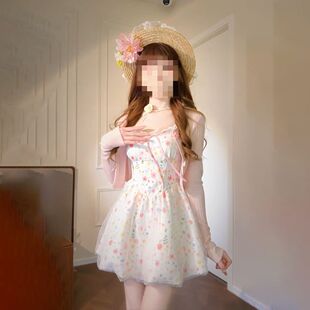 甜美风碎花吊带连衣裙女夏新款 两件套收腰显瘦蓬蓬短裙 粉色开衫