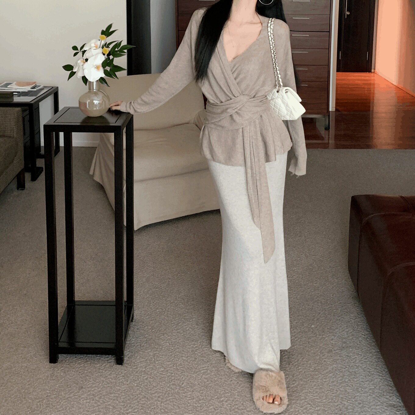 2026秋季套装女慵懒风交叉v领长袖针织衫上衣包臀半身裙子两件套