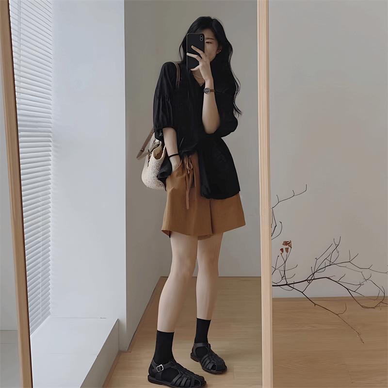 夏季大码女装2025新款微胖mm显瘦遮肉上衣轻熟盐系穿搭短裤两件套
