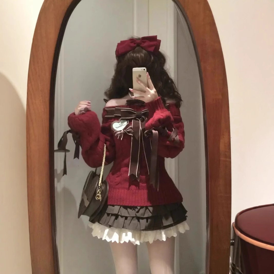 甜美红色圣诞套装女早春款蝴蝶结针织衫毛衣显瘦短裙子可爱两件套