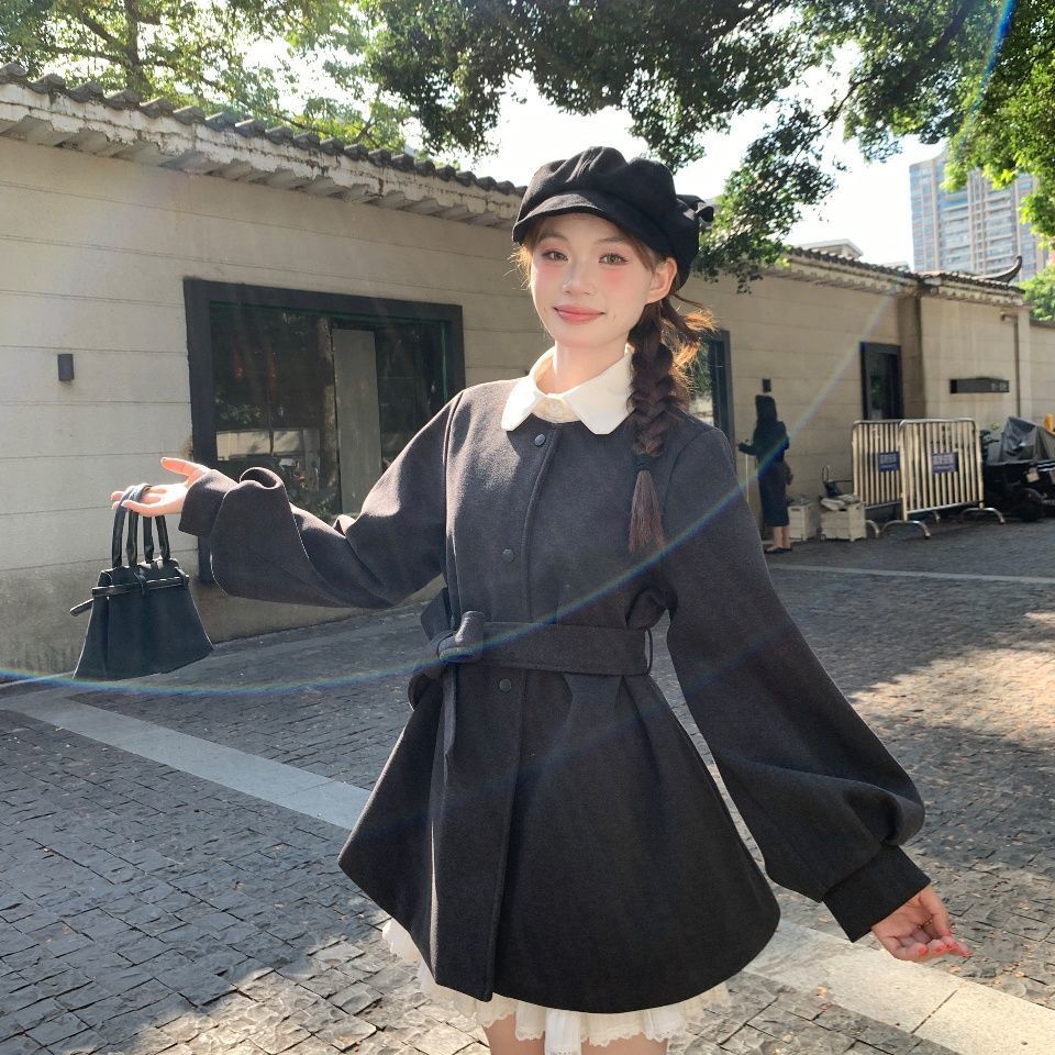 秋冬季厚款毛呢连衣裙灯笼袖圆领系带小个子外套大衣显瘦A字廓形