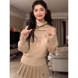 韩系高级感慵懒风麻花高领毛衣女冬季加厚实翻领内搭套头针织上衣
