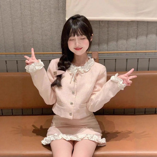 粉色小香风套装秋冬季花边短外套裙子富家千金风miu系穿搭一整套