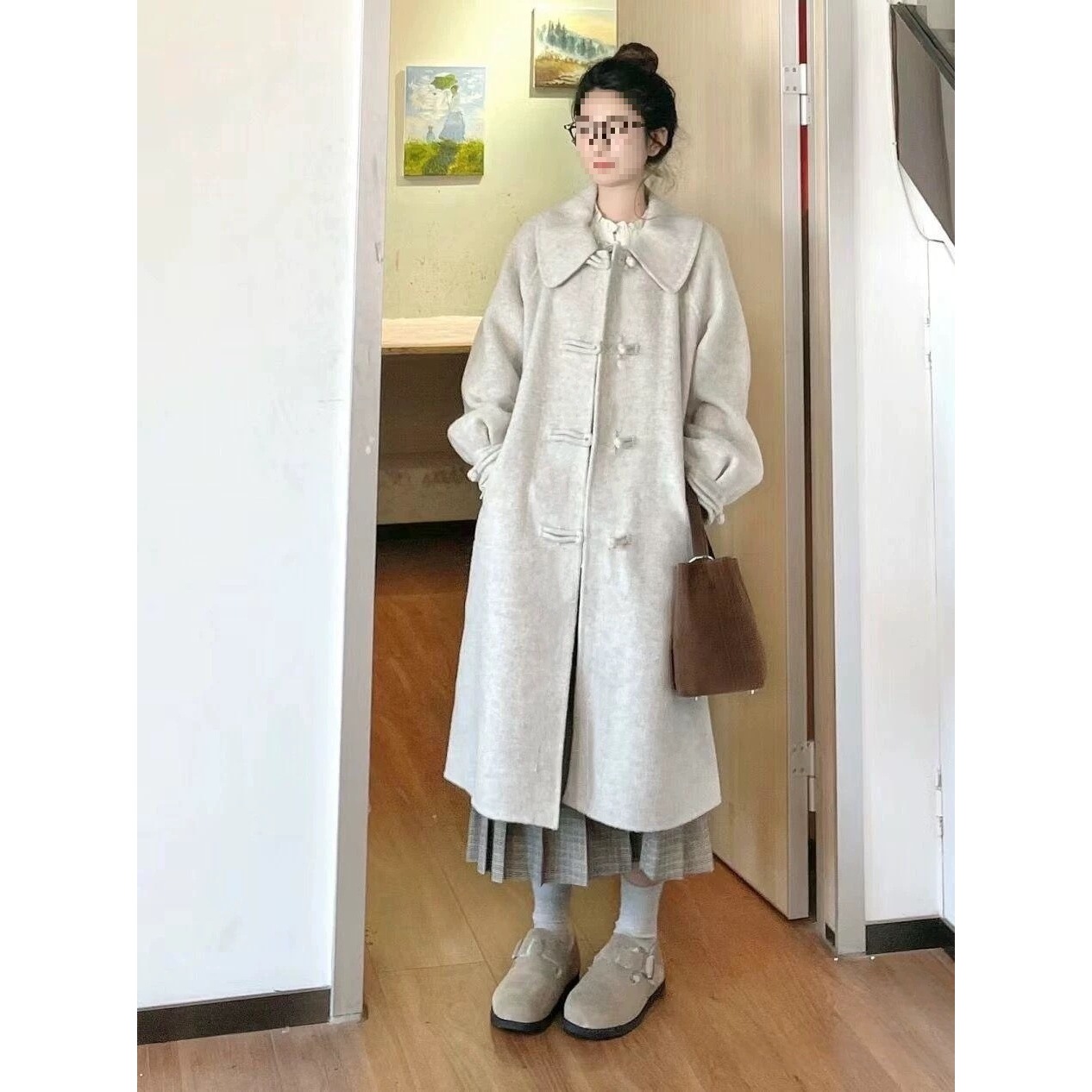 长款毛呢大衣女春秋小个子韩系气质复古娃娃领盘扣呢子外套感