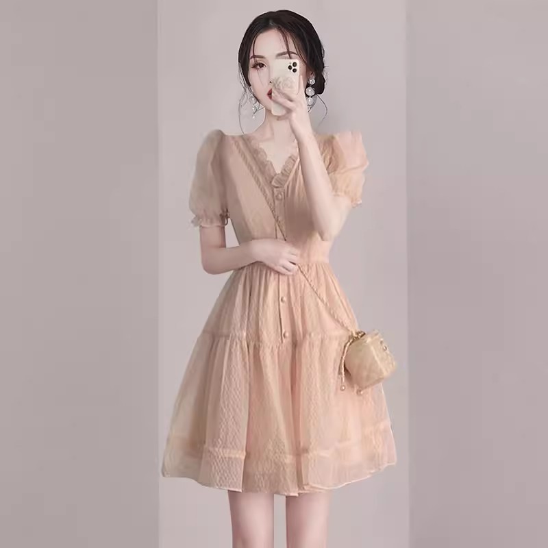 小个子高级感气质小众设计裙子2025夏季新款法式泡泡袖雪纺连衣裙