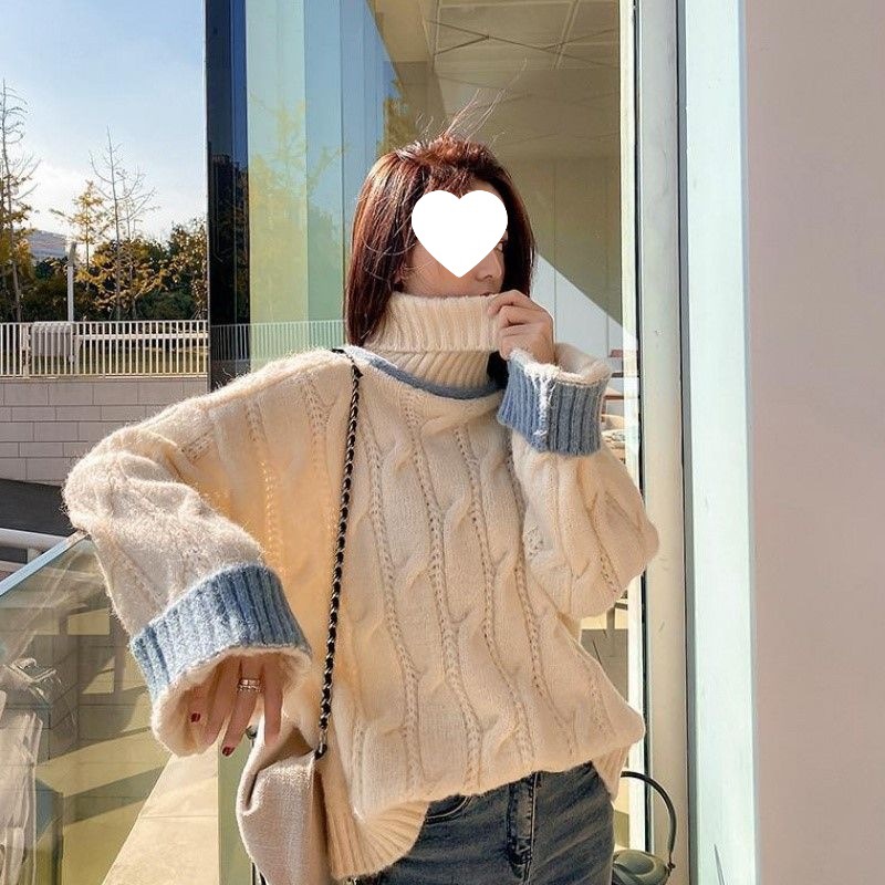 韩版拼色麻花高领毛衣外套女学生冬季新款甜美套头针织衫百搭上衣