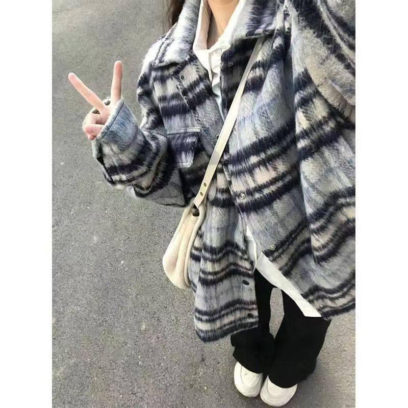 复古小香风格纹毛呢外套女秋冬装宽松中长款加厚学生磨毛衬衣上衣