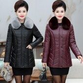 中老年女装 皮衣外套40岁50中年女士皮夹克妈妈秋冬装 PU皮棉衣棉袄