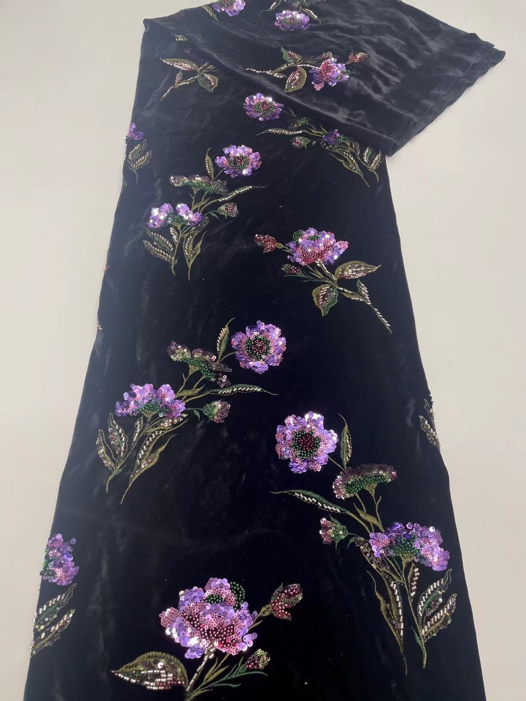 高档民族风刺绣花朵亮片ins风绒布面料旗袍礼服红色花边蕾丝布料