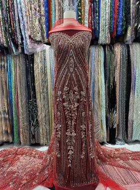 重工红色喜庆彩色珠子刺绣婚纱服装面料大花朵亮片布料波浪边辅料