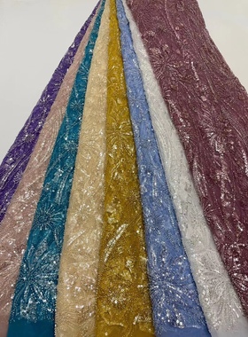 外贸出口黄色亮片布料刺绣花朵边连衣裙旗袍服装婚纱网低面料蕾丝