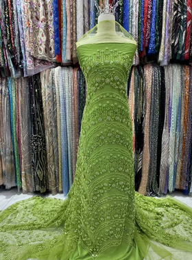 外贸草绿色网纱布料珠管刺绣米珠花朵亮片波浪边面料礼服婚纱辅料