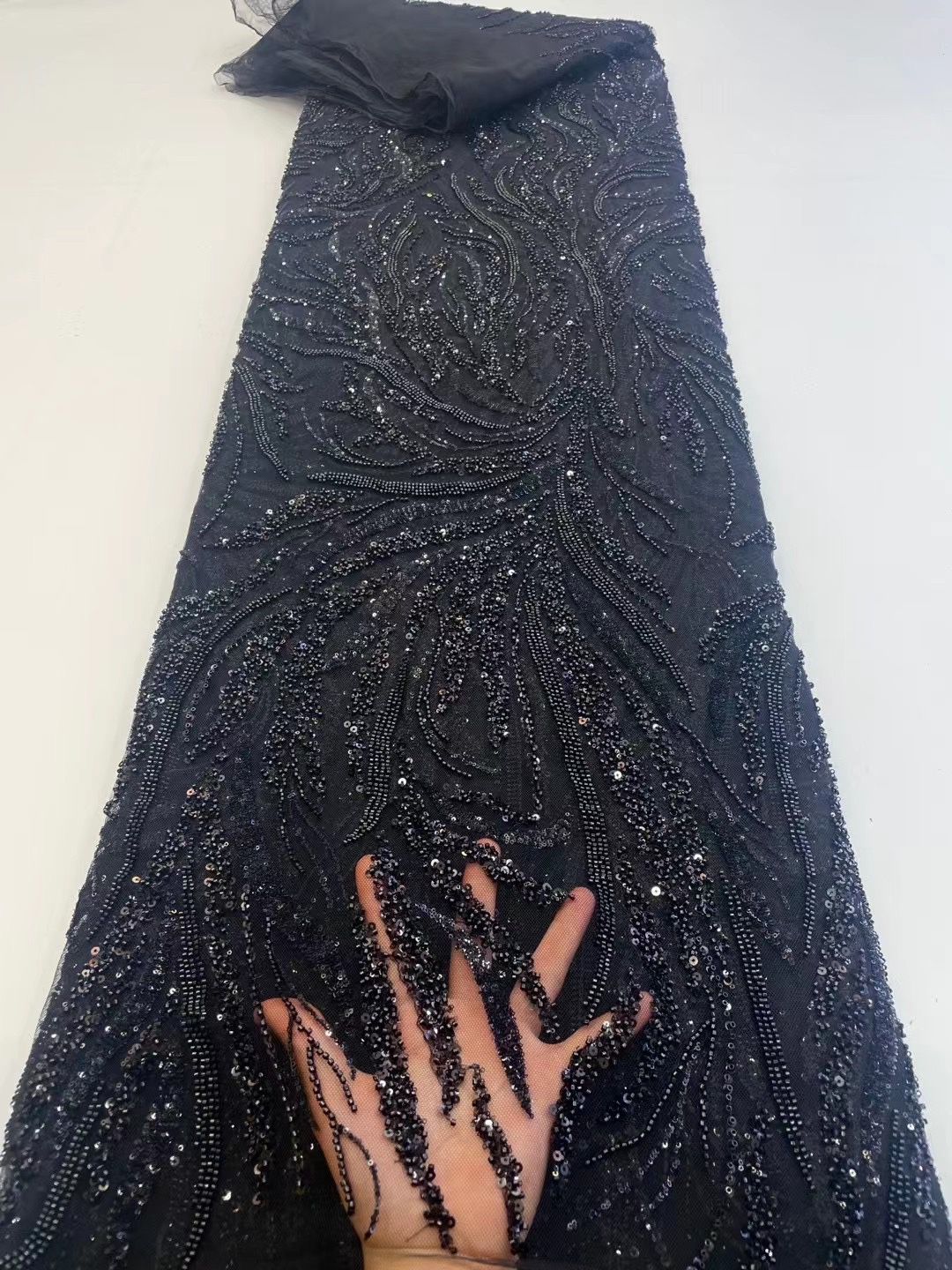 新款多色网底刺绣海草珠子亮片叶子蕾丝连衣裙婚纱服装布料面料布