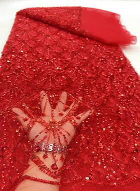 时尚大红色童装泡珠子亮片蕾丝布料伞形花边连衣裙服装婚纱面料布