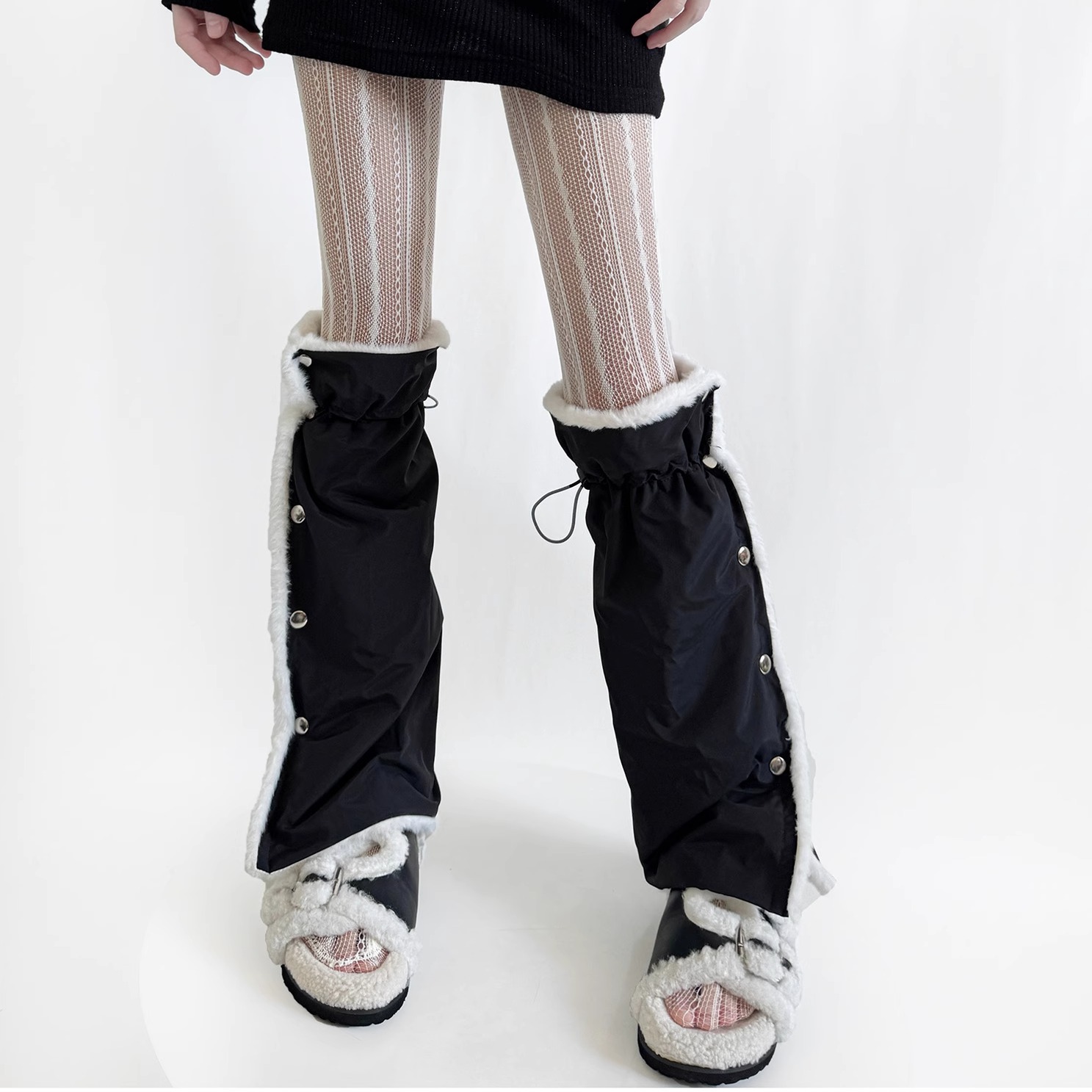 Sumyee户外运动防冻腿 兔毛毛绒保暖显瘦腿套纽扣抽绳叠穿jk袜套