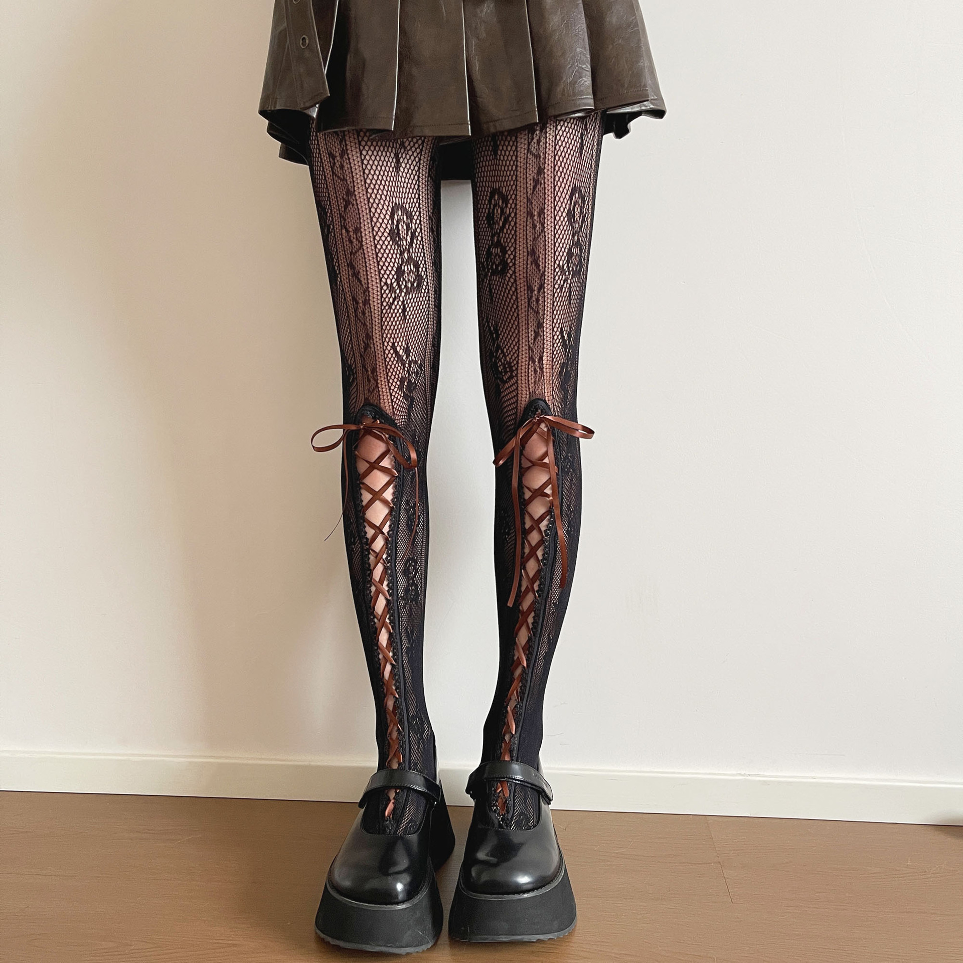 Sumyee千禧Y2K辣妹亚文化咖色织带蕾丝镂空时髦渔网打底连裤袜女