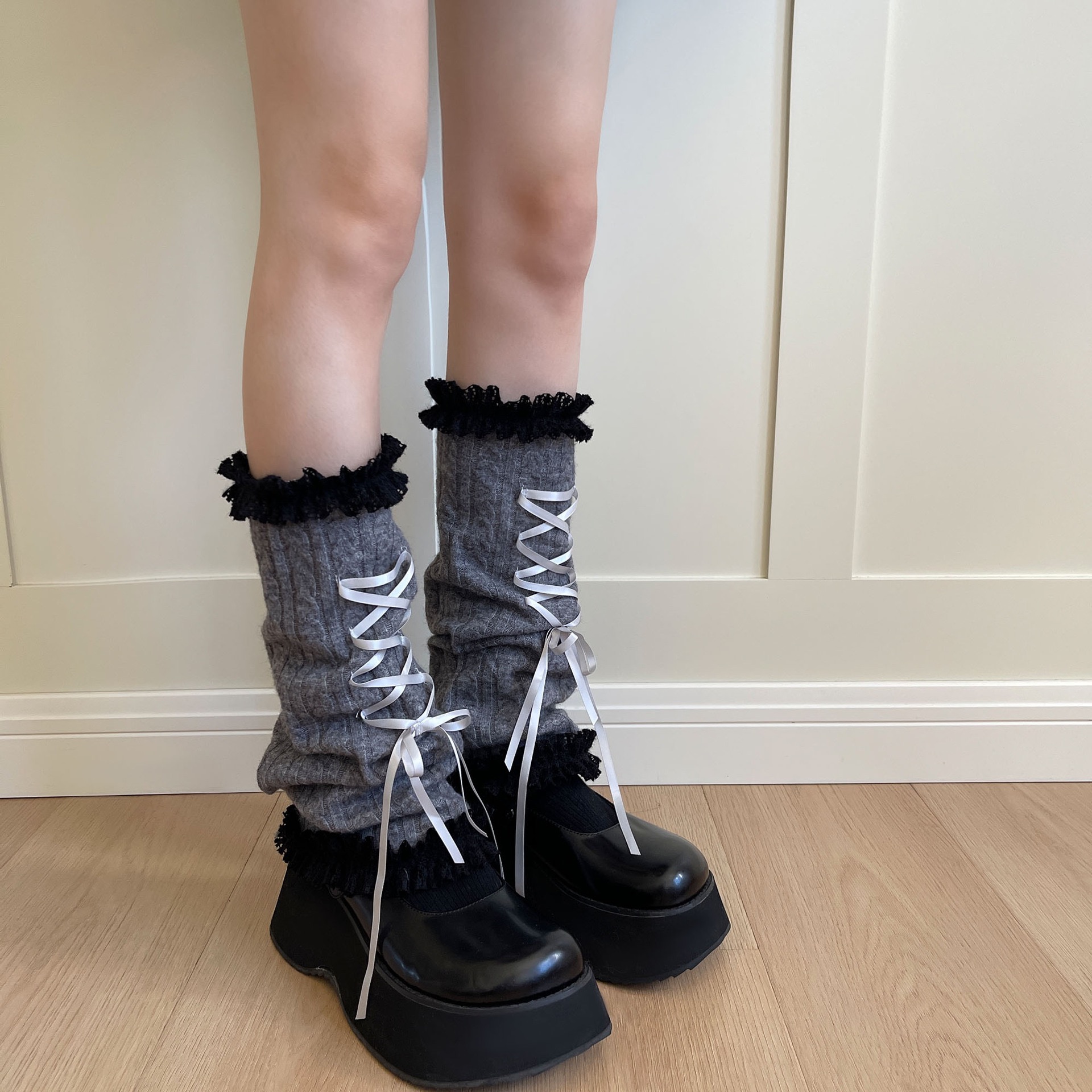 日系亚文化芭蕾舞绑带羊绒花边蝴蝶结设计麻花纹保暖堆堆袜套女