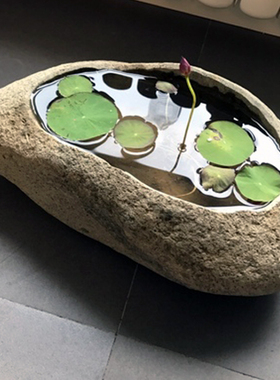 特大号天然鹅卵石花盆鱼缸铜钱草养鱼碗莲盆石头创意花器流水桌面