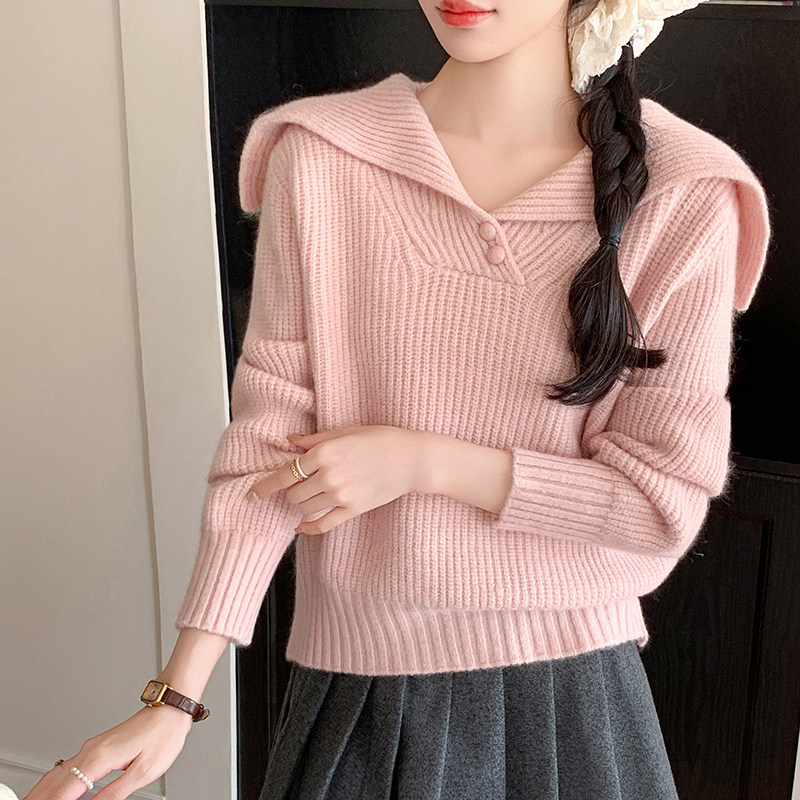 韩式海军领粉色羊绒衫女长袖纽扣针织衫百搭毛衣上衣,女装/女士精品,羊绒衫,淘宝优惠券,粉丝福利购,淘宝优惠卷