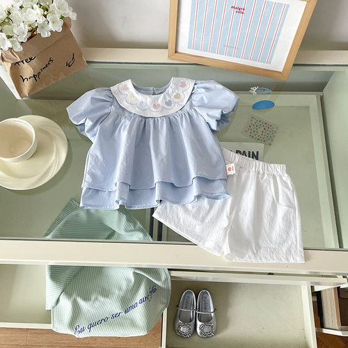 【现货】XT262699儿童套装2026夏季新品娃娃领泡泡袖上衣白短裤女