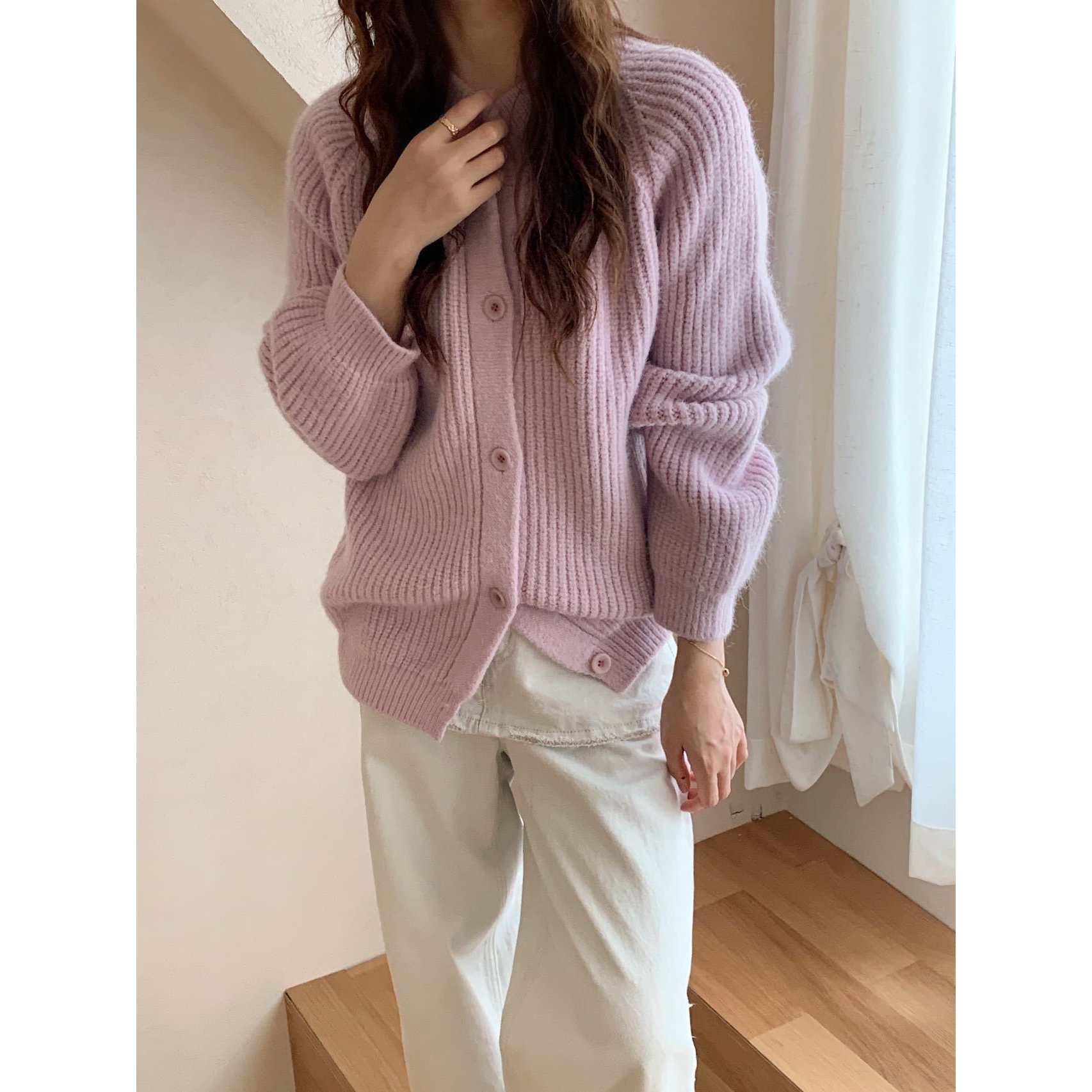 日韩圆领坑条纹毛衣外套秋冬新款糖果色温柔风休闲针织开衫女