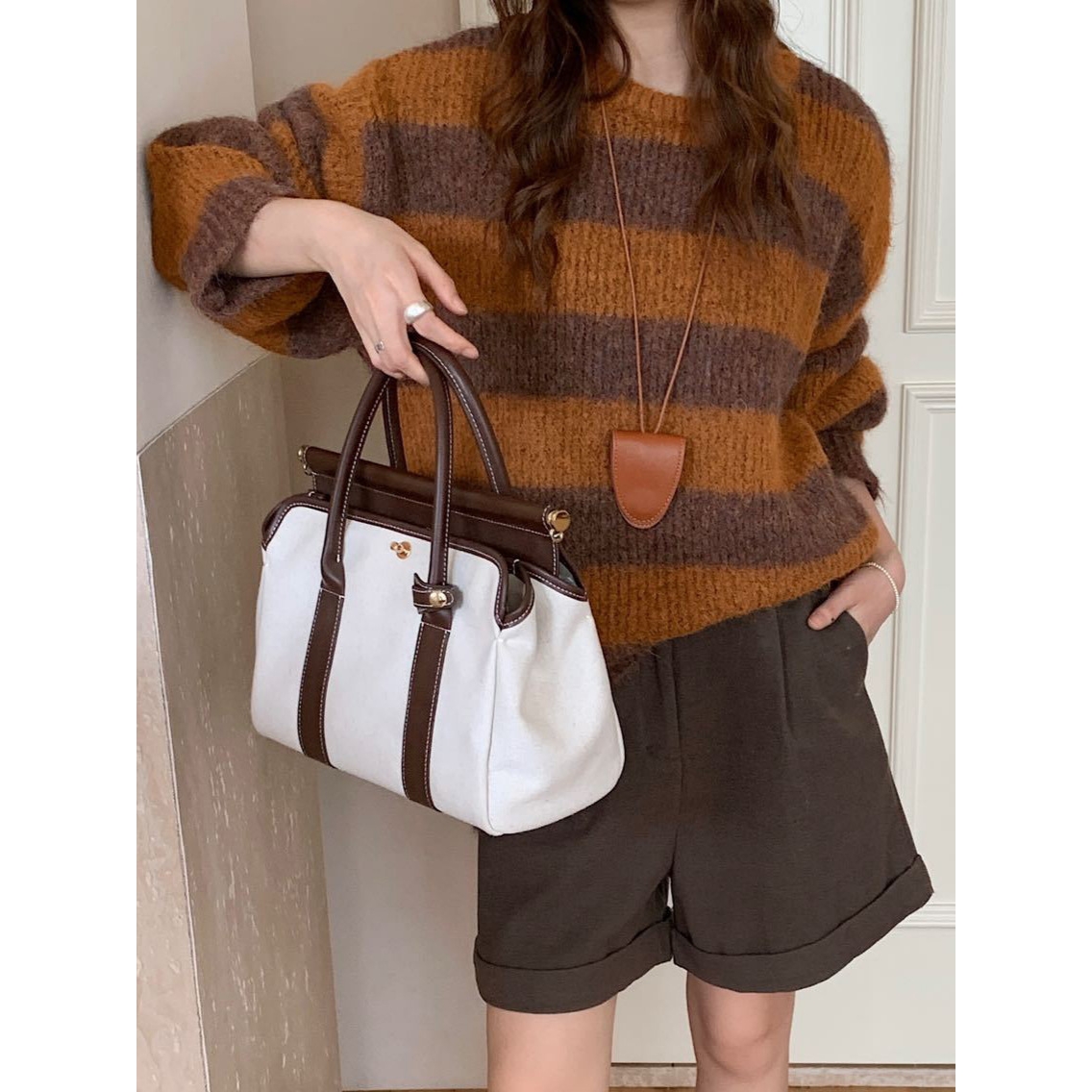 日韩撞色条纹针织衫女秋冬新款慵懒风休闲软糯圆领大码厚套头毛衣