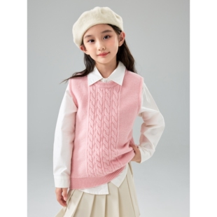 儿童羊绒衫短款麻花圆领毛衣无袖背心马甲羊毛衫针织衫秋冬季保暖