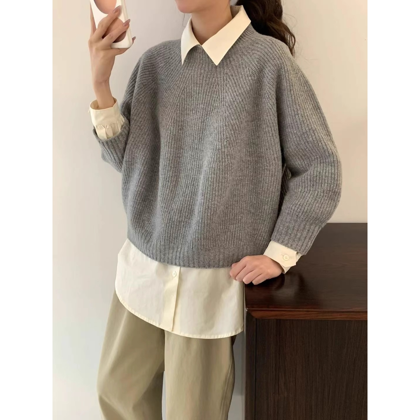 日韩时尚宽松休闲风套头毛衣女秋冬新款小个子Polo领插肩袖针织衫