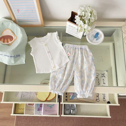 【现货】XT262684儿童套装2026夏季新品木耳飞袖背心印花防蚊裤女