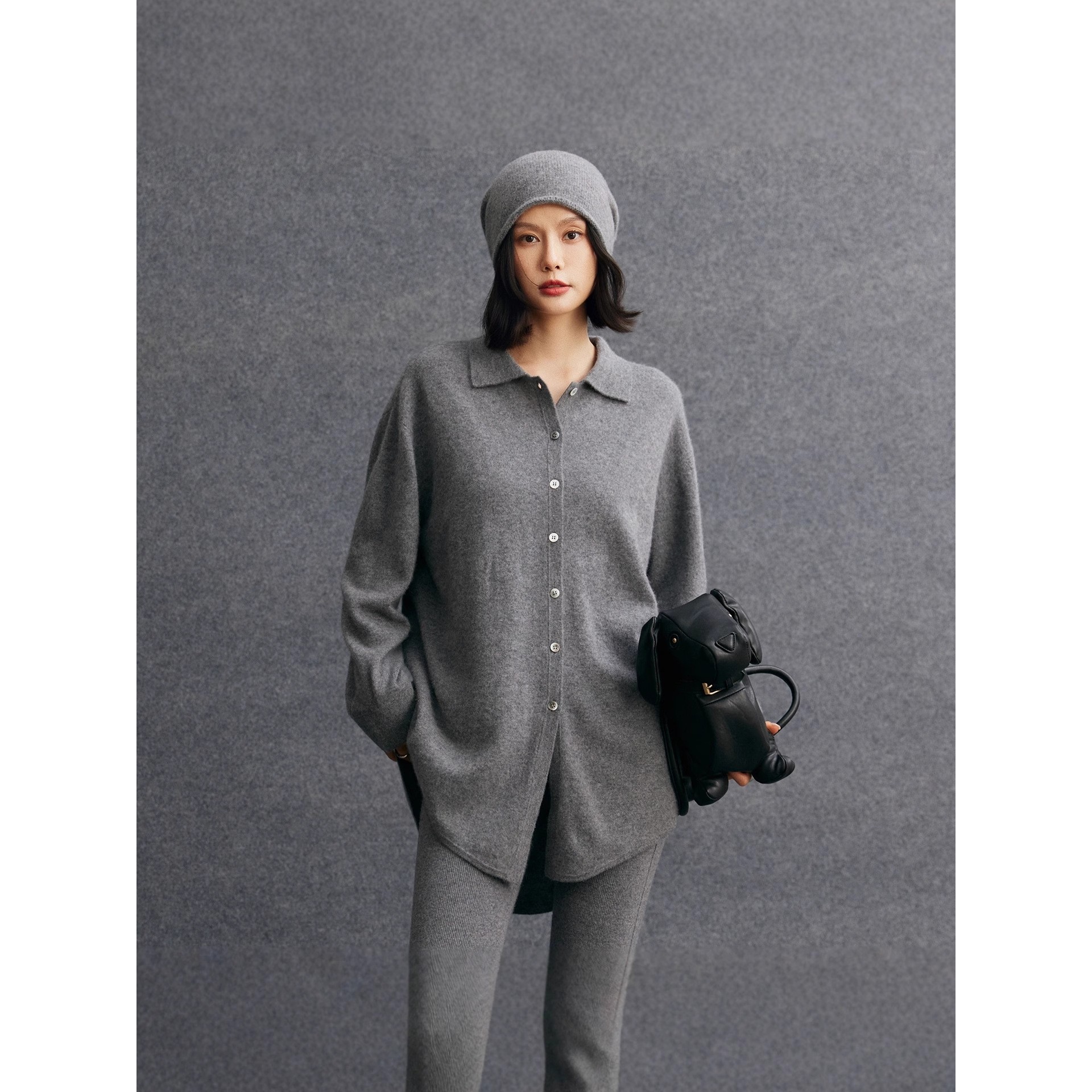 山羊绒衫衬衫前短后长POLO领开衫女士新款中长款宽松针织毛衣外套