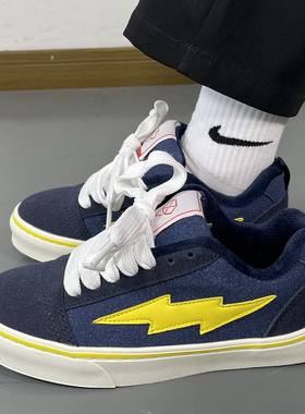 男鞋ins新款潮牌闪电板鞋男女冬季加绒棉鞋藏蓝色学生百搭休闲鞋