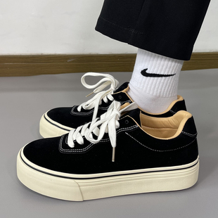 复古学生运动鞋 男鞋 男士 黑色厚底系带街头低帮休闲板鞋 子 ins潮鞋