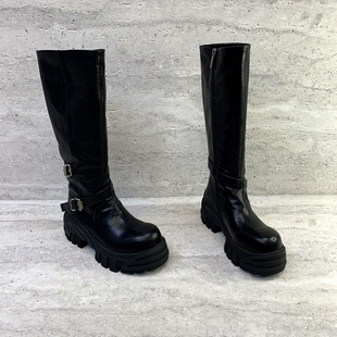 乐魔女鞋2025秋季新款欧货真皮侧拉链松糕跟英伦风高筒靴时装靴女