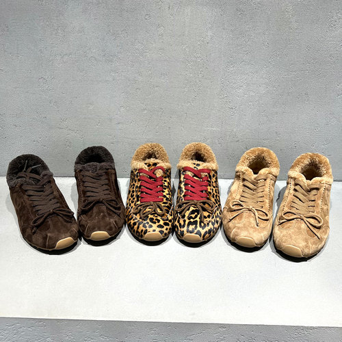 冬季新豹纹真皮加绒软底德训鞋女
