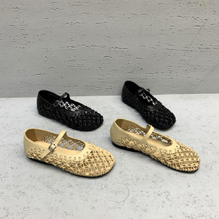 欧货2026春夏新款真皮女鞋浅口编织网孔平跟欧洲站小众玛丽珍鞋女