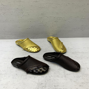 欧洲站女鞋2026春夏新款欧货真皮编制平跟时尚包头拖鞋女外穿半拖