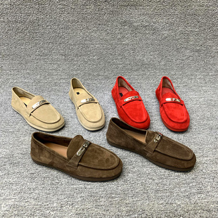 欧洲站女鞋2026春季新款欧货真皮金属扣圆头平底英伦风单鞋豆豆鞋