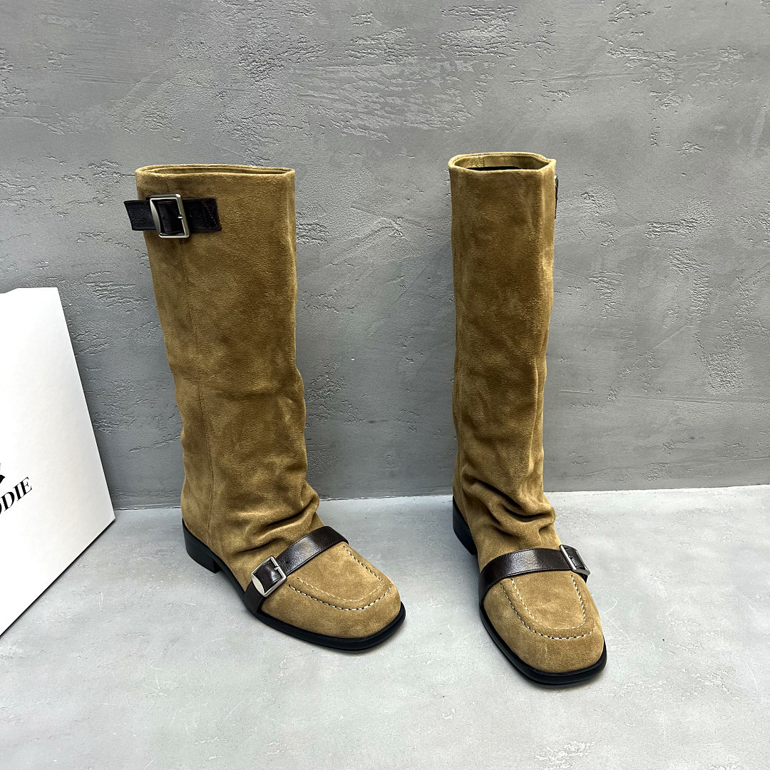 真皮低跟高筒堆堆骑士靴女秋冬潮