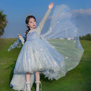 新款女童艾莎公主裙夏季女孩无袖生日网纱裙宝宝冰雪奇缘连衣裙