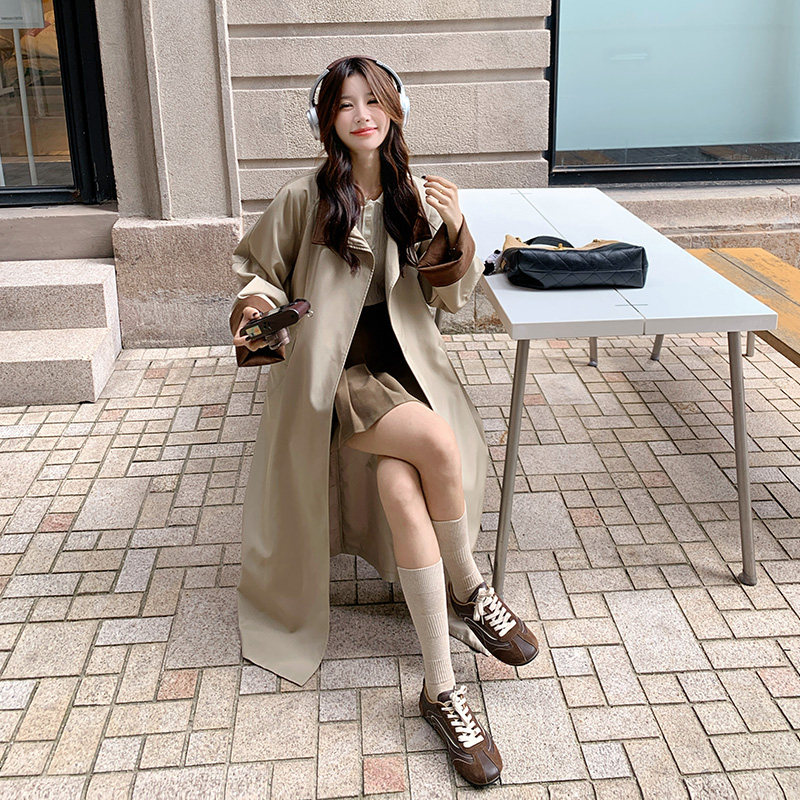 韩系撞色拼接长款风衣外套女2025秋季新款英伦风宽松气质百搭大衣,女装风衣,2C300