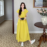 黄绿色连衣裙女夏2025新款法式甜美风浪漫度假少女感超火爆款长裙，女装连衣裙，2C300