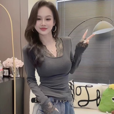纯欲高级感V领蕾丝拼接打底衫